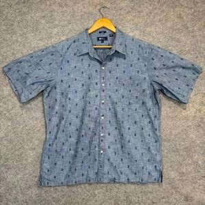 Reyn Spooner Chambray Floral Hawaiian Shirt Mens XL Classic Blue Trees Aloha